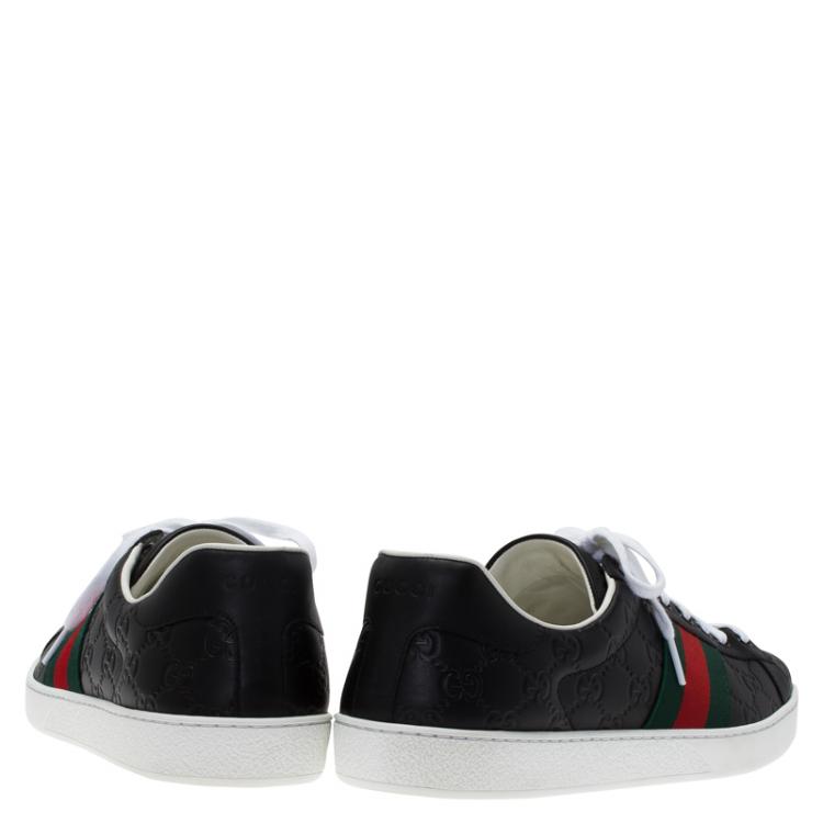 Pre Owned Gucci Black Guccissima Leather Web Detail Ace Sneakers Size 45.5