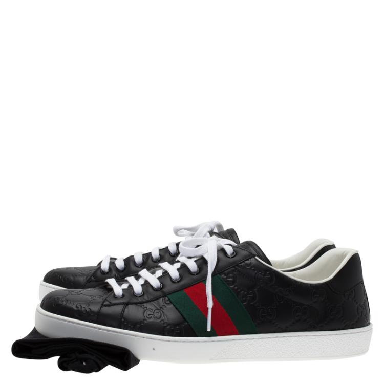Pre Owned Gucci Black Guccissima Leather Web Detail Ace Sneakers Size 45.5