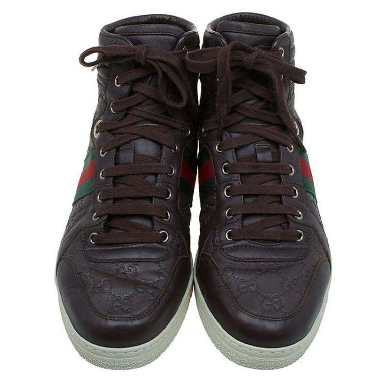 Pre Owned Gucci Brown Guccissima Leather Web Detail High Top Sneakers Size 43