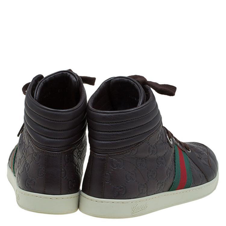 Pre Owned Gucci Brown Guccissima Leather Web Detail High Top Sneakers Size 43