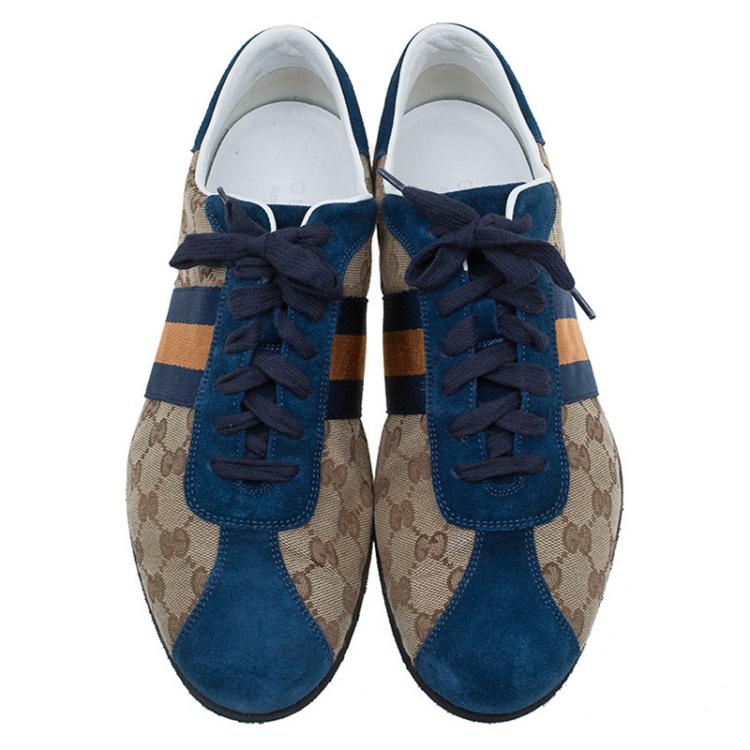 Pre Owned Gucci Two Tone GG Canvas and Suede Web Detail Sneakers Size 44