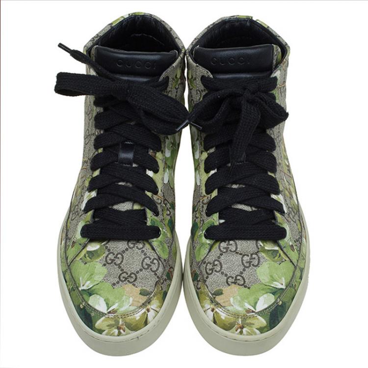 Pre Owned Gucci Beige and Green Blooms Printed GG Canvas High Top Sneakers Size 43