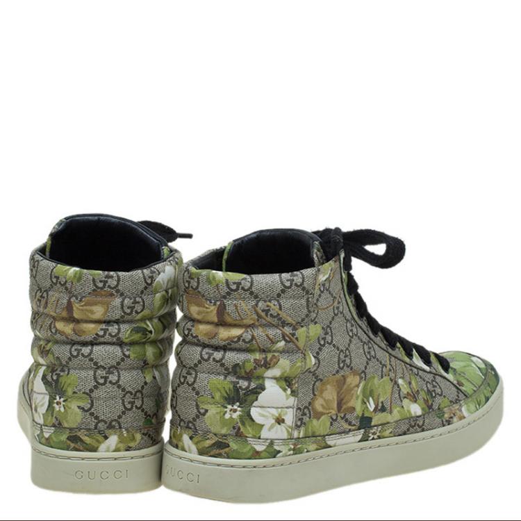 Pre Owned Gucci Beige and Green Blooms Printed GG Canvas High Top Sneakers Size 43