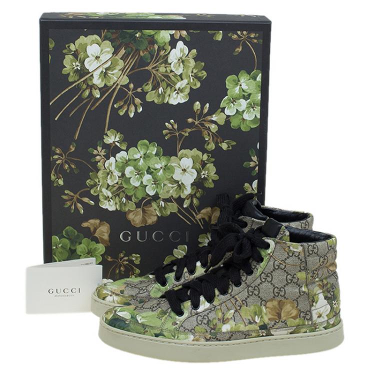 Pre Owned Gucci Beige and Green Blooms Printed GG Canvas High Top Sneakers Size 43