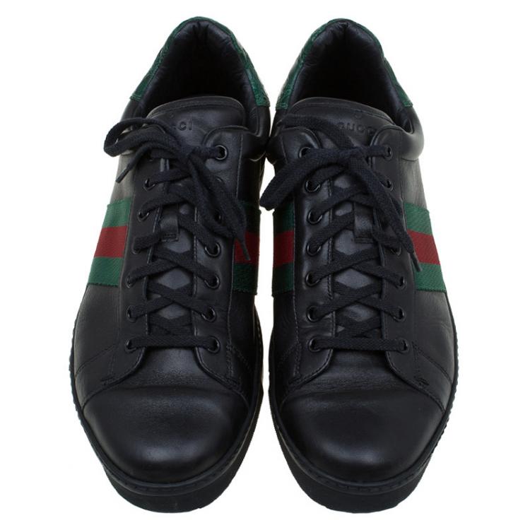 Pre Owned Gucci Black Leather Croc Trim Web Detail Ace Sneakers Size 43.5