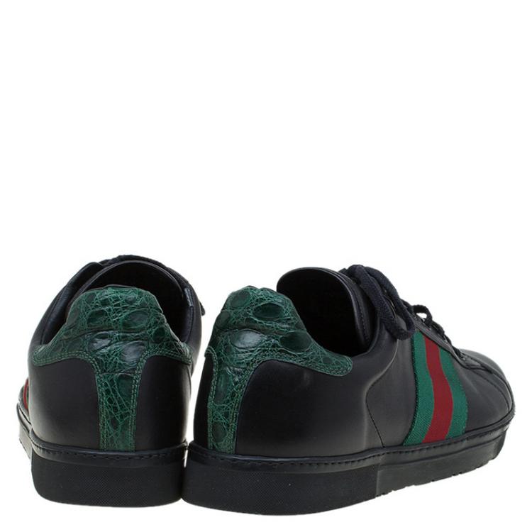 Pre Owned Gucci Black Leather Croc Trim Web Detail Ace Sneakers Size 43.5