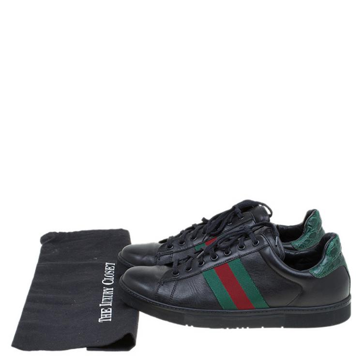Pre Owned Gucci Black Leather Croc Trim Web Detail Ace Sneakers Size 43.5