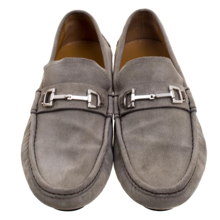 Pre Owned Gucci Grey Suede Bit Loafers Size 43.5