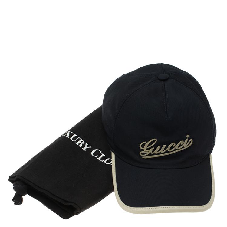 Pre Owned Gucci Navy Blue Nylon and Leather Logo Baseball Cap Size M
