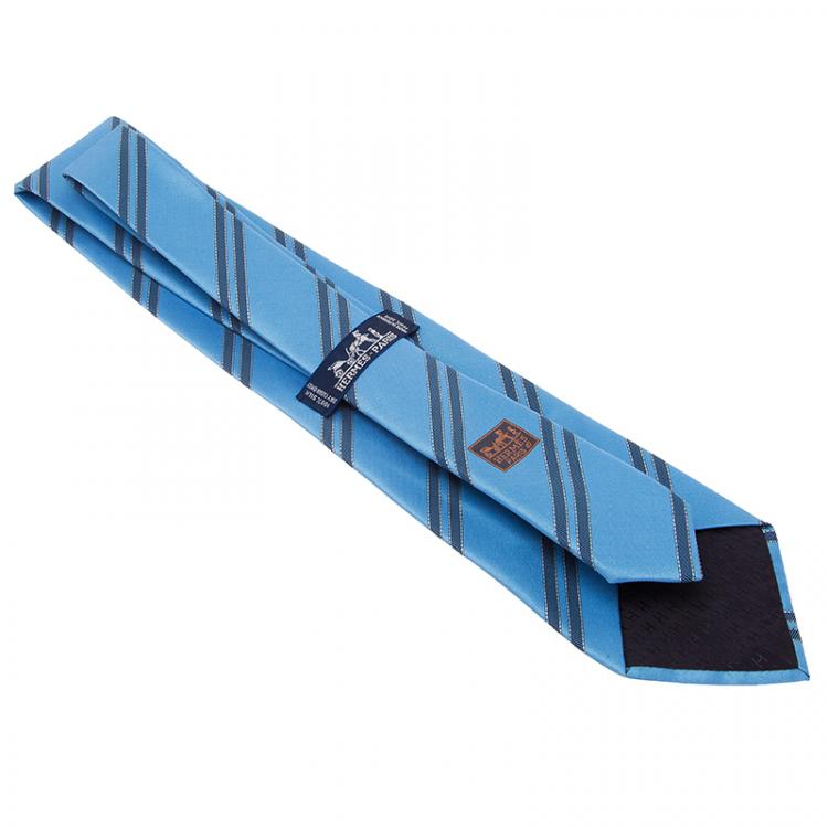Pre Owned Hermes Blue Striped Silk Tie