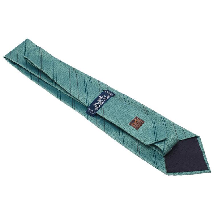 Pre Owned Hermes Green Silk Striped Tie