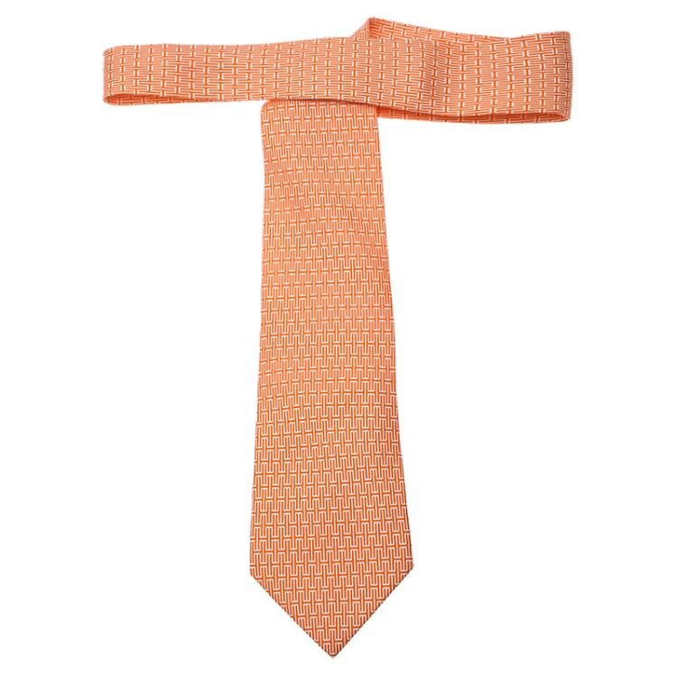 Pre Owned Hermes Orange Printed Silk Tie