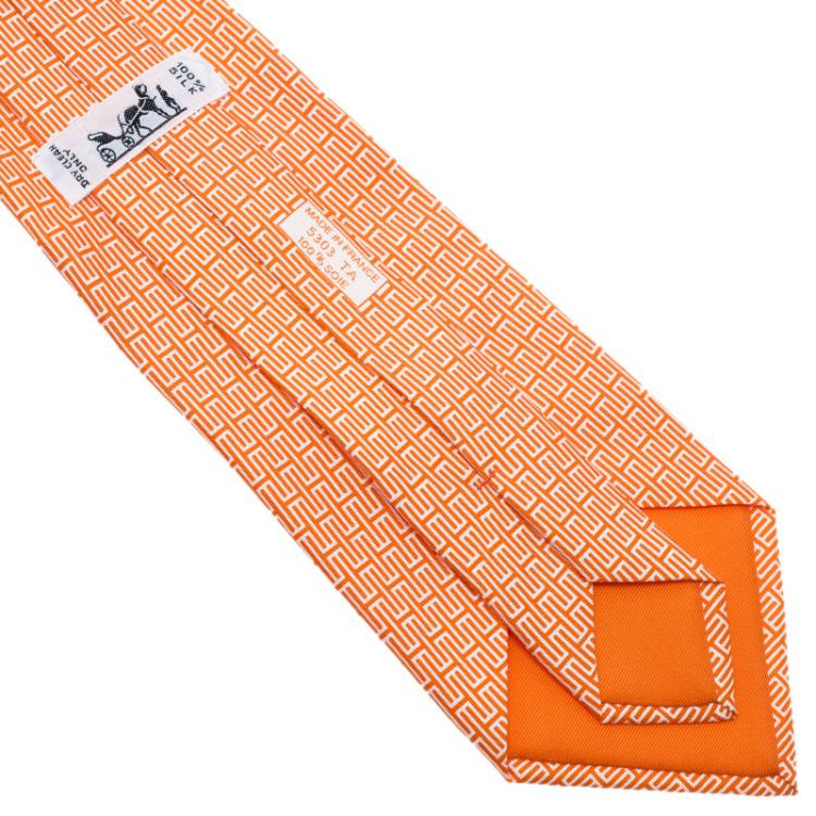 Pre Owned Hermes Orange Printed Silk Tie