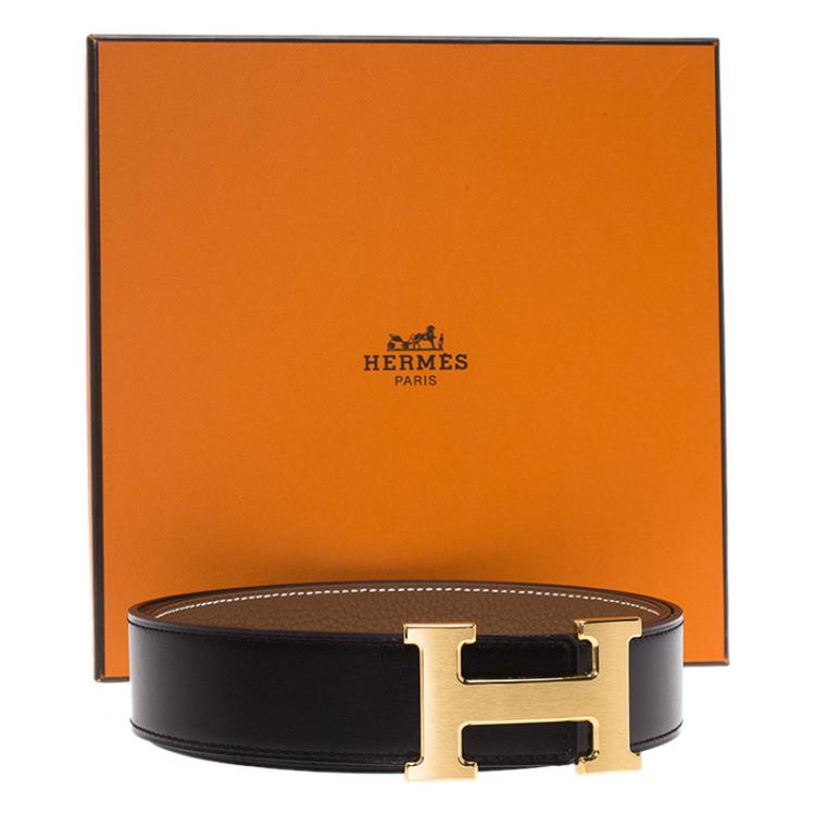 Pre Owned Hermes Black and Brown Leather H Buckle Reversible Belt 85 CM