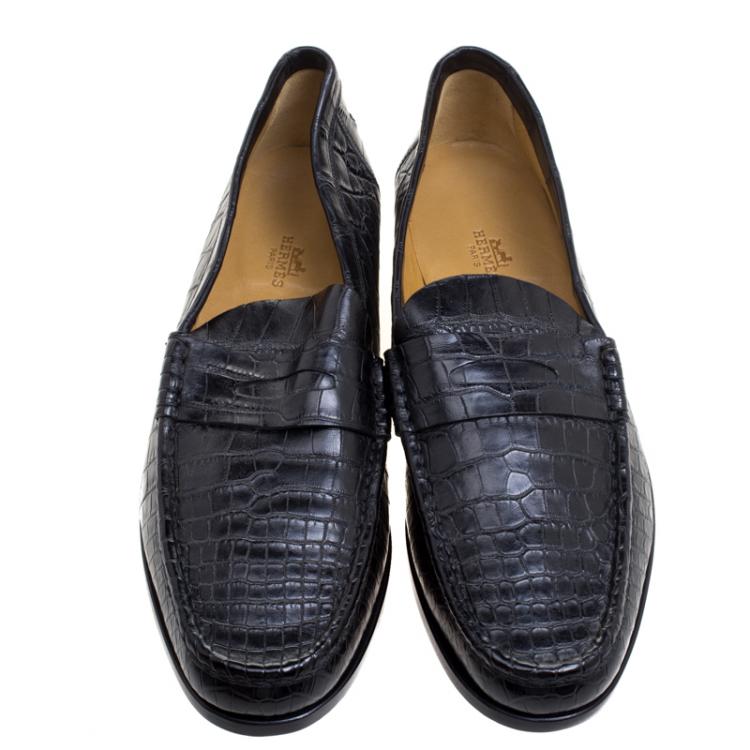 Pre Owned Hermes Black Alligator Leather Loafers Size 44