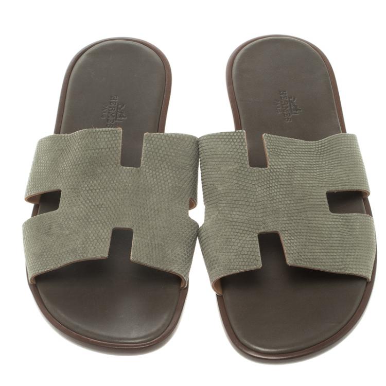 Pre Owned Hermes Grey Lizard Izmir Sandals Size 44