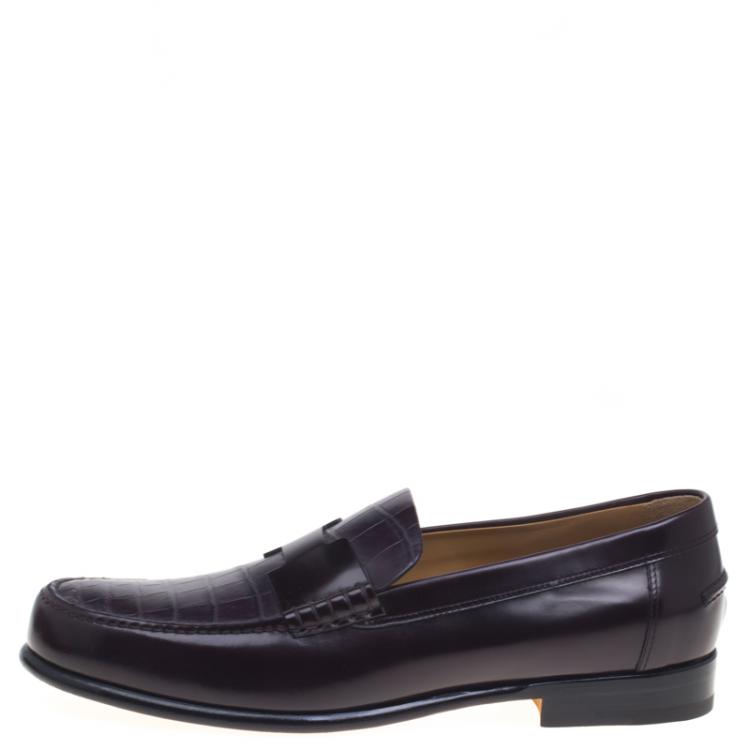 Pre Owned Hermes Dark Brown Croc Leather Loafers Size 44