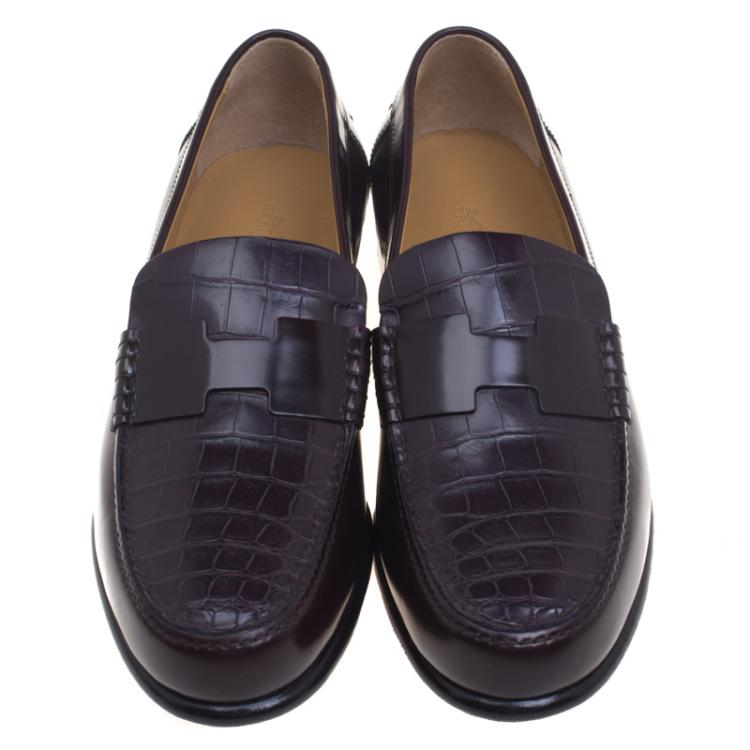 Pre Owned Hermes Dark Brown Croc Leather Loafers Size 44