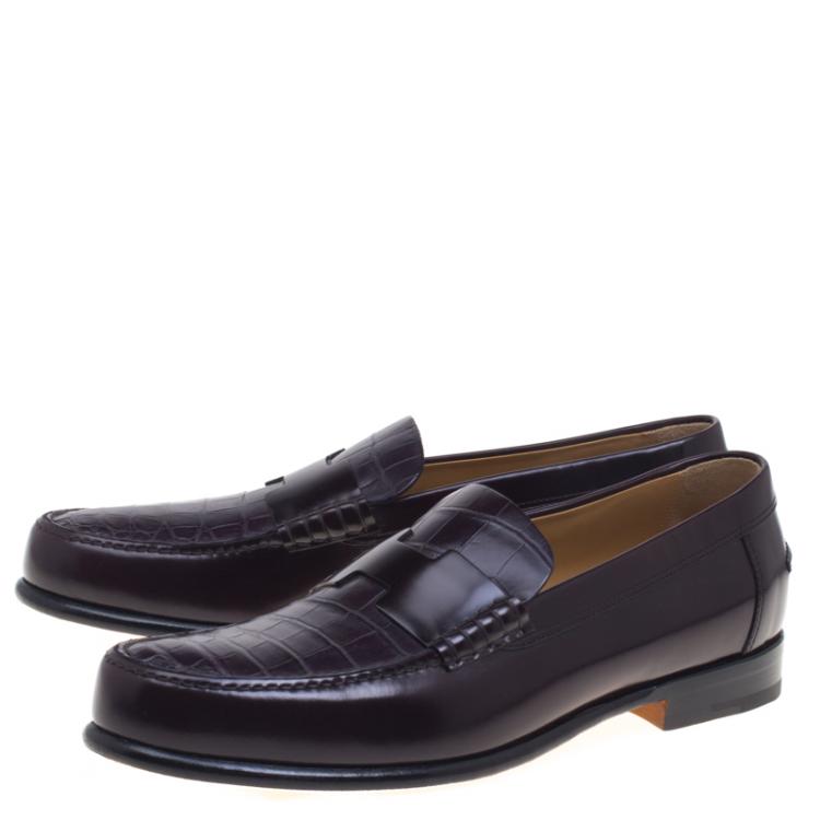 Pre Owned Hermes Dark Brown Croc Leather Loafers Size 44