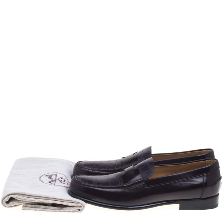 Pre Owned Hermes Dark Brown Croc Leather Loafers Size 44