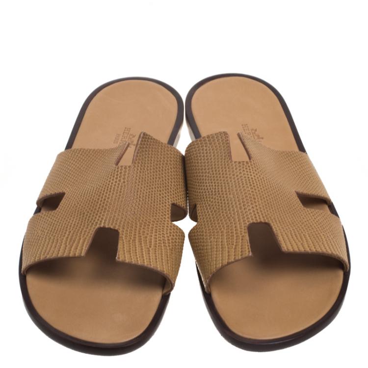 Pre Owned Hermes Honey Brown Lizard Izmir Sandals Size 44