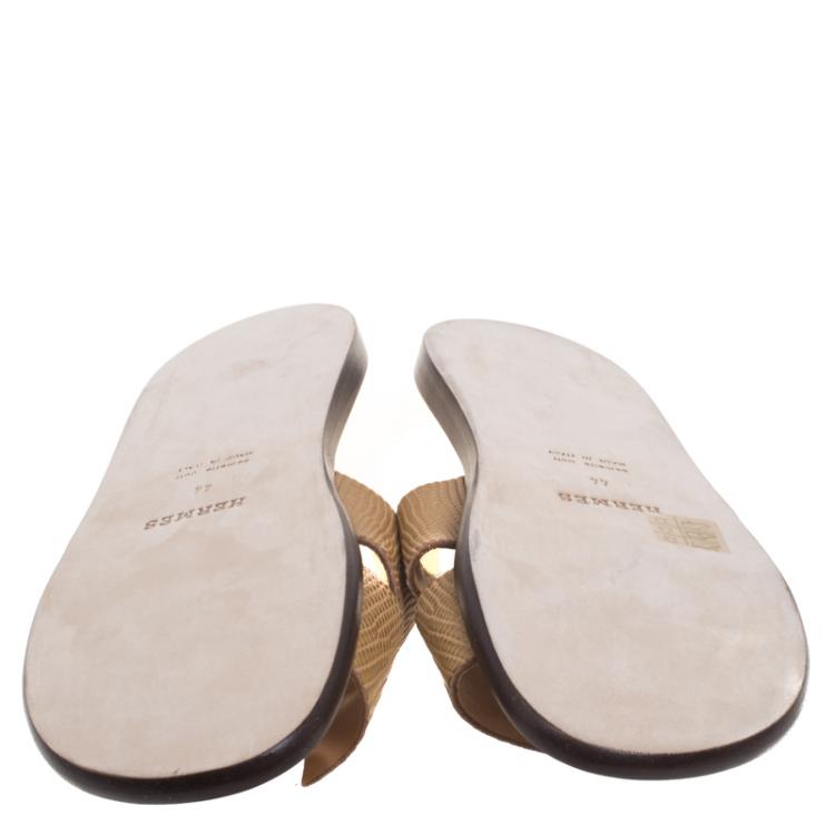 Pre Owned Hermes Honey Brown Lizard Izmir Sandals Size 44