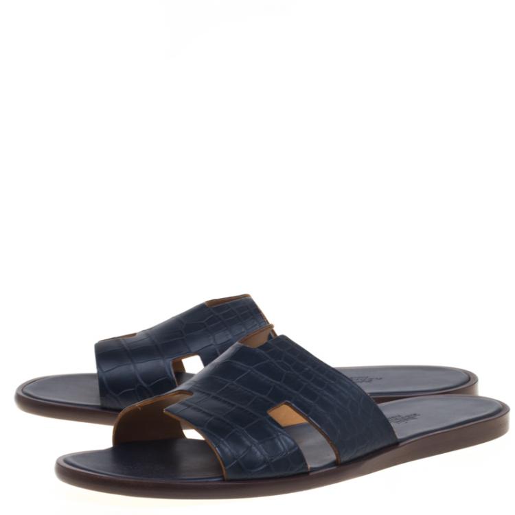 Pre Owned Hermes Denim Blue Alligator Izmir Sandals Size 43.5