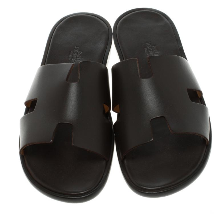 Pre Owned Hermes Dark Brown Leather Izmir Sandals Size 44.5