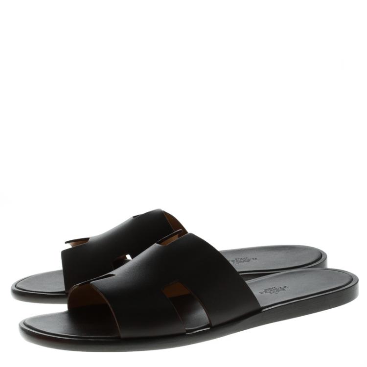 Pre Owned Hermes Dark Brown Leather Izmir Sandals Size 44.5