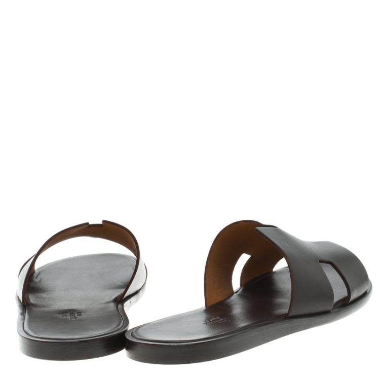 Pre Owned Hermes Dark Brown Leather Izmir Sandals Size 44.5