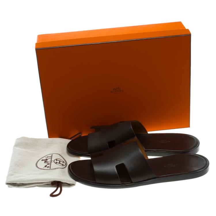 Pre Owned Hermes Dark Brown Leather Izmir Sandals Size 44.5
