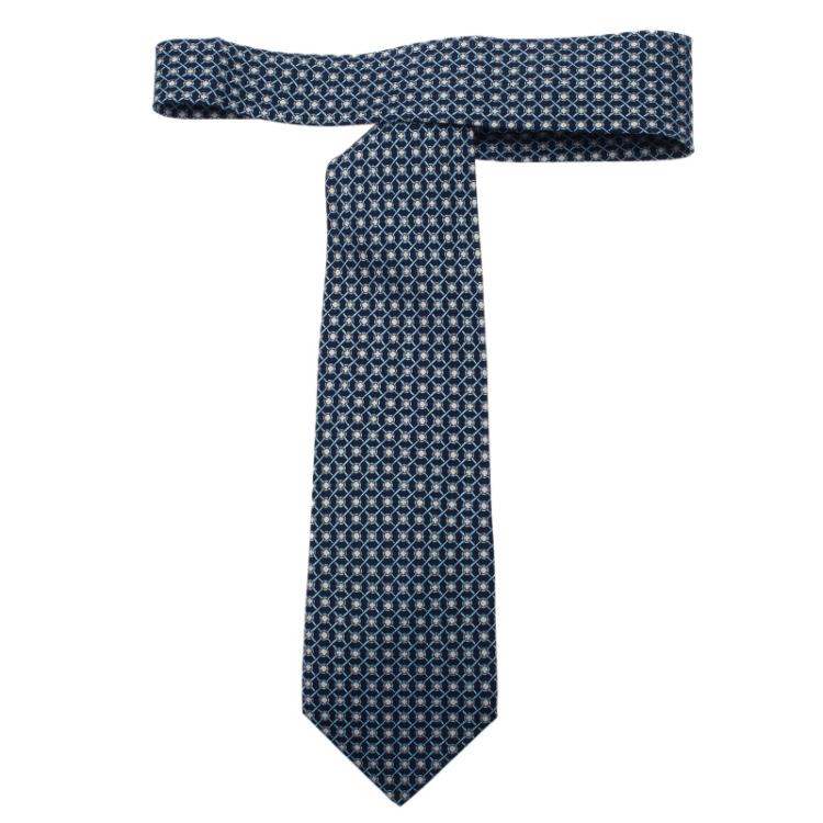 Pre Owned Hermes Navy Blue Printed Silk Tie