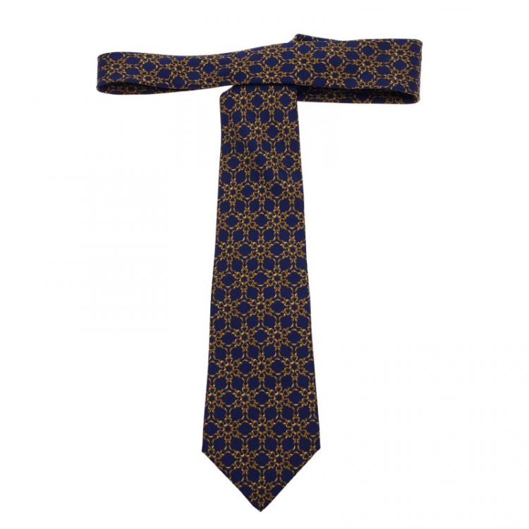 Pre Owned Hermes Blue and Yellow Printed Silk Tie