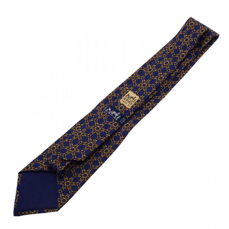 Pre Owned Hermes Blue and Yellow Printed Silk Tie