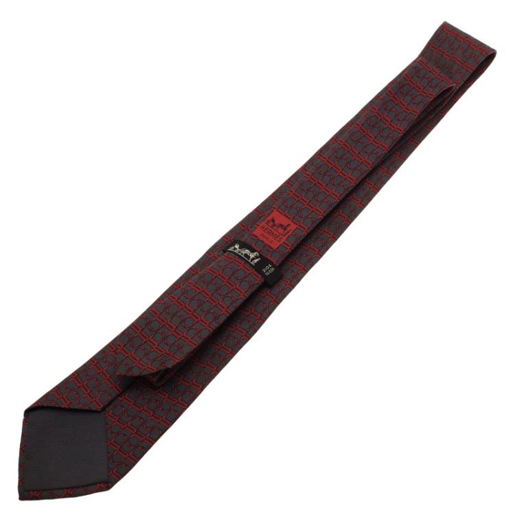 Pre Owned Hermes Grey and Red Printed Silk Tie