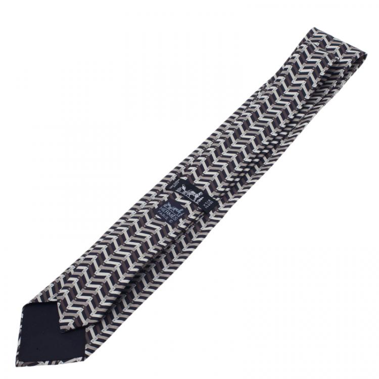 Pre Owned Hermes Grey Printed Silk Tie