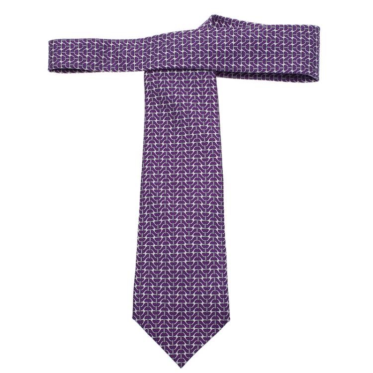 Pre Owned Hermes Purple Printed Silk Tie