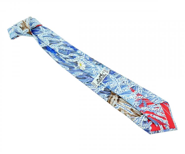 Pre Owned Hermes Blue Wheat Printed Silk Tie