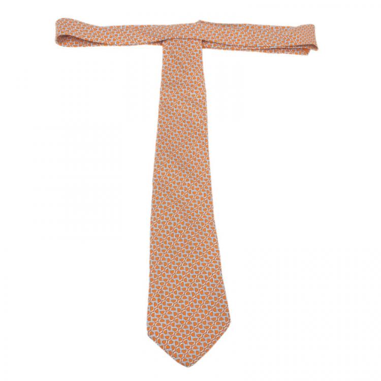 Pre Owned Hermes Orange Silk Printed Tie 
