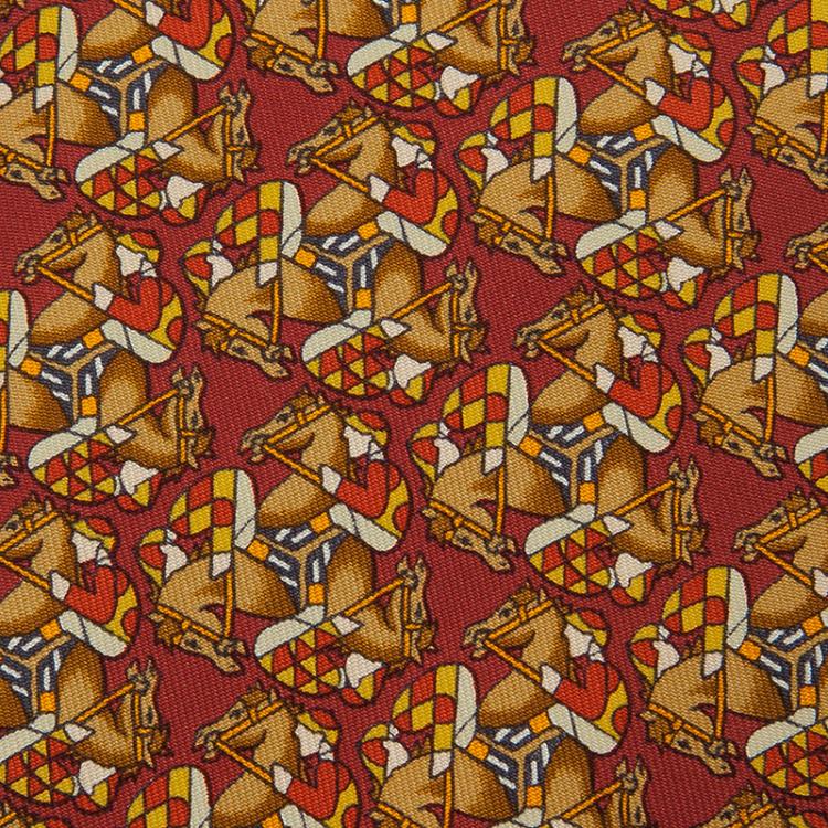 Pre Owned Hermes Red Silk Equestrian Print Tie