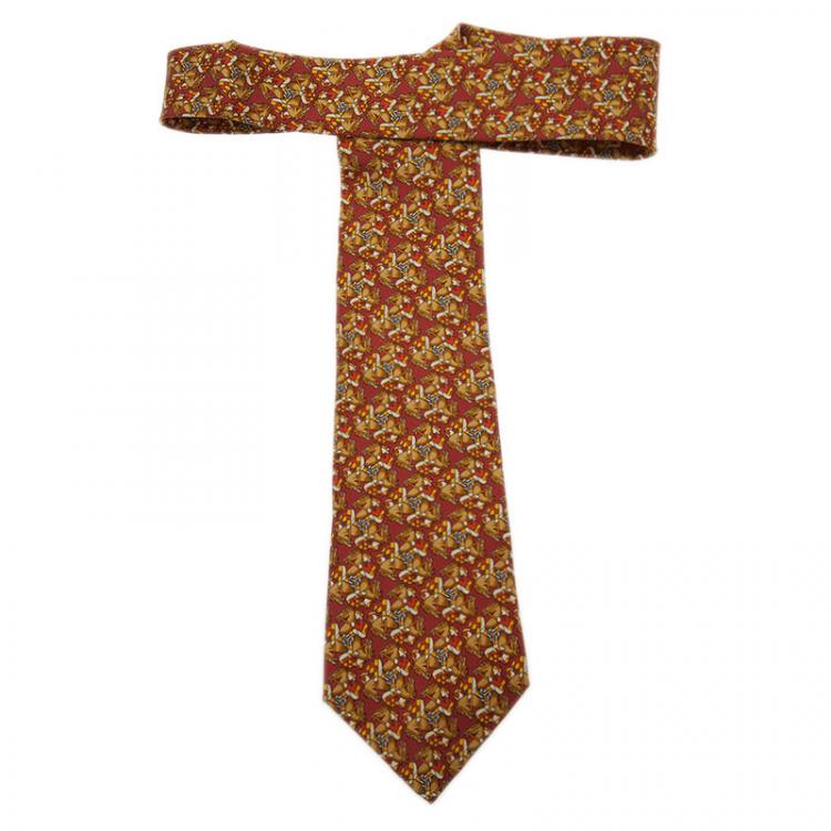 Pre Owned Hermes Red Silk Equestrian Print Tie
