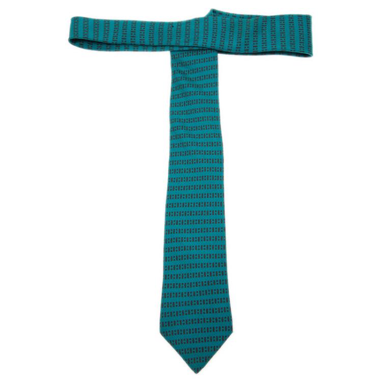 Pre Owned Hermes Blue Printed Silk Skinny Tie 