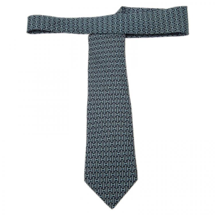 Pre Owned Hermes Blue H Logo Silk Tie