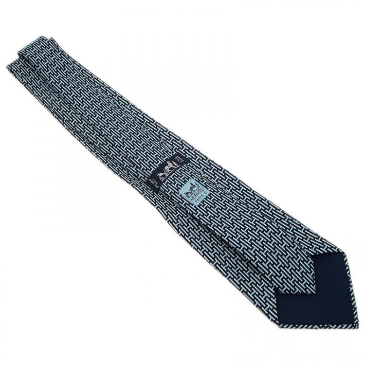Pre Owned Hermes Blue H Logo Silk Tie