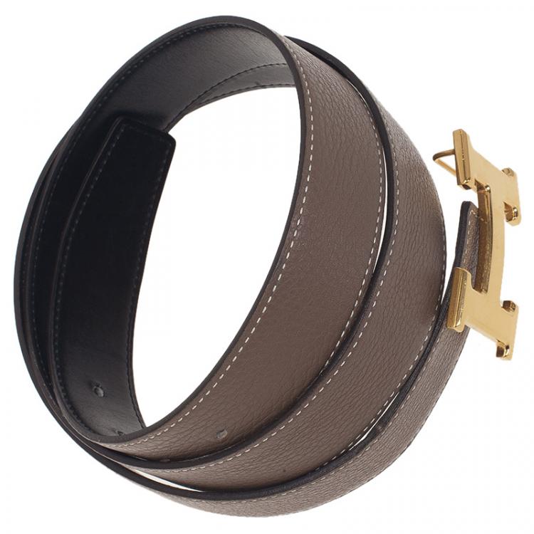 Pre Owned Hermes Black/Grey Leather Reversible H Buckle Belt 95 CM