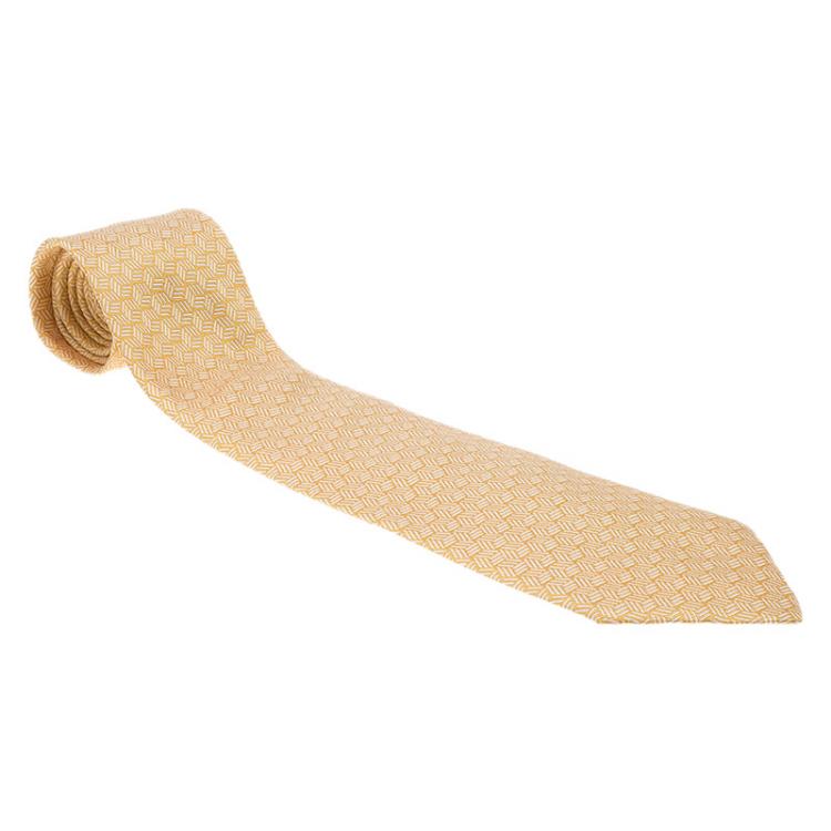 Pre Owned Hermes Yellow Silk Printed Tie 