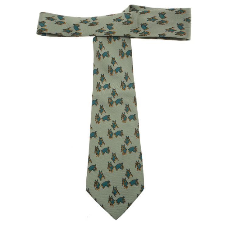 Pre Owned Hermes Green Horse Bridle Printed Silk Tie