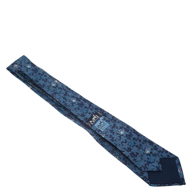 Pre Owned Hermes Blue Butterfly and Flower Print Silk Tie