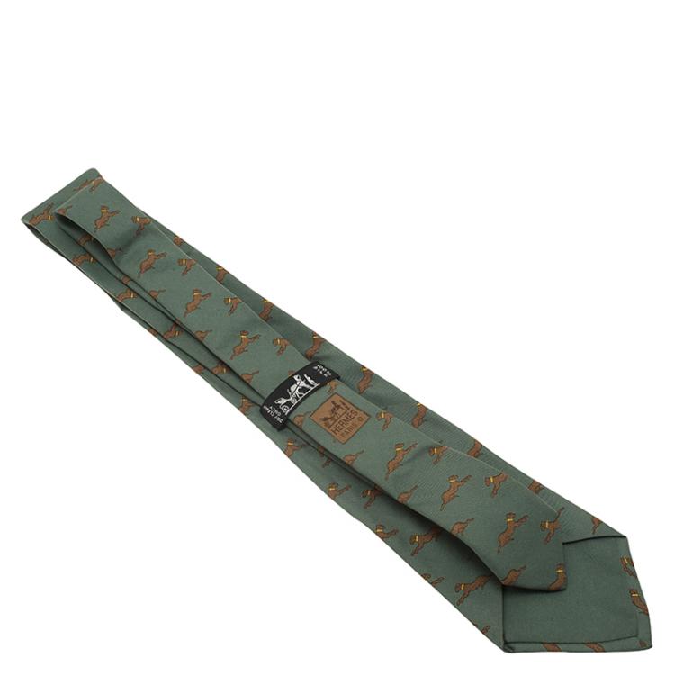 Pre Owned Hermes Green Greyhound Printed Silk Tie