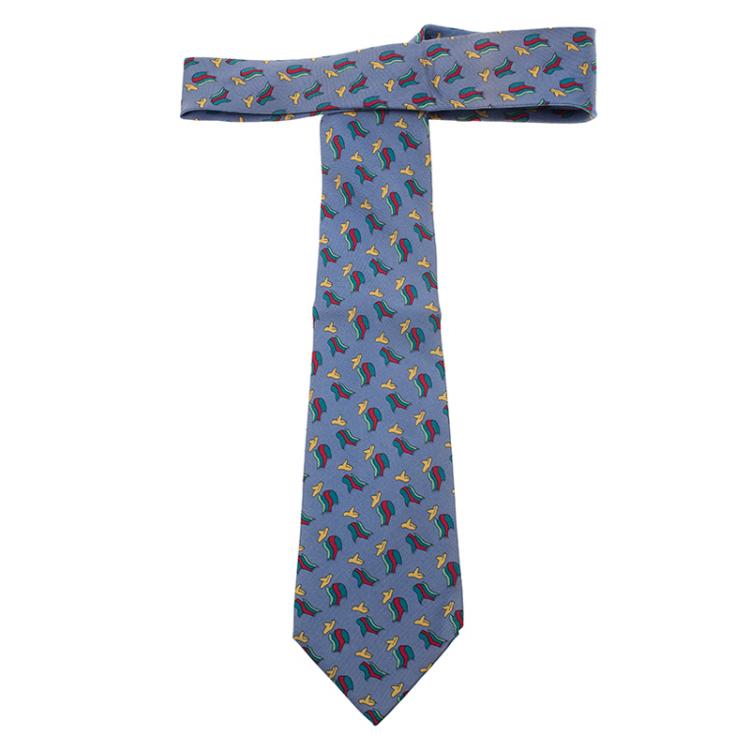 مملوكة مسبقًا Hermes Light Blue Scarves Printed Silk Tie
